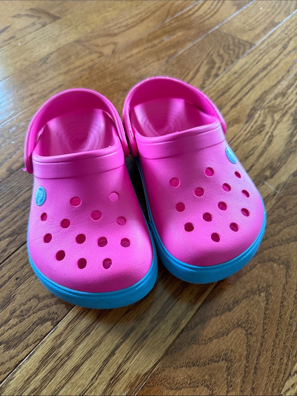 CROCS Kids Pink with teal stripe - worn once